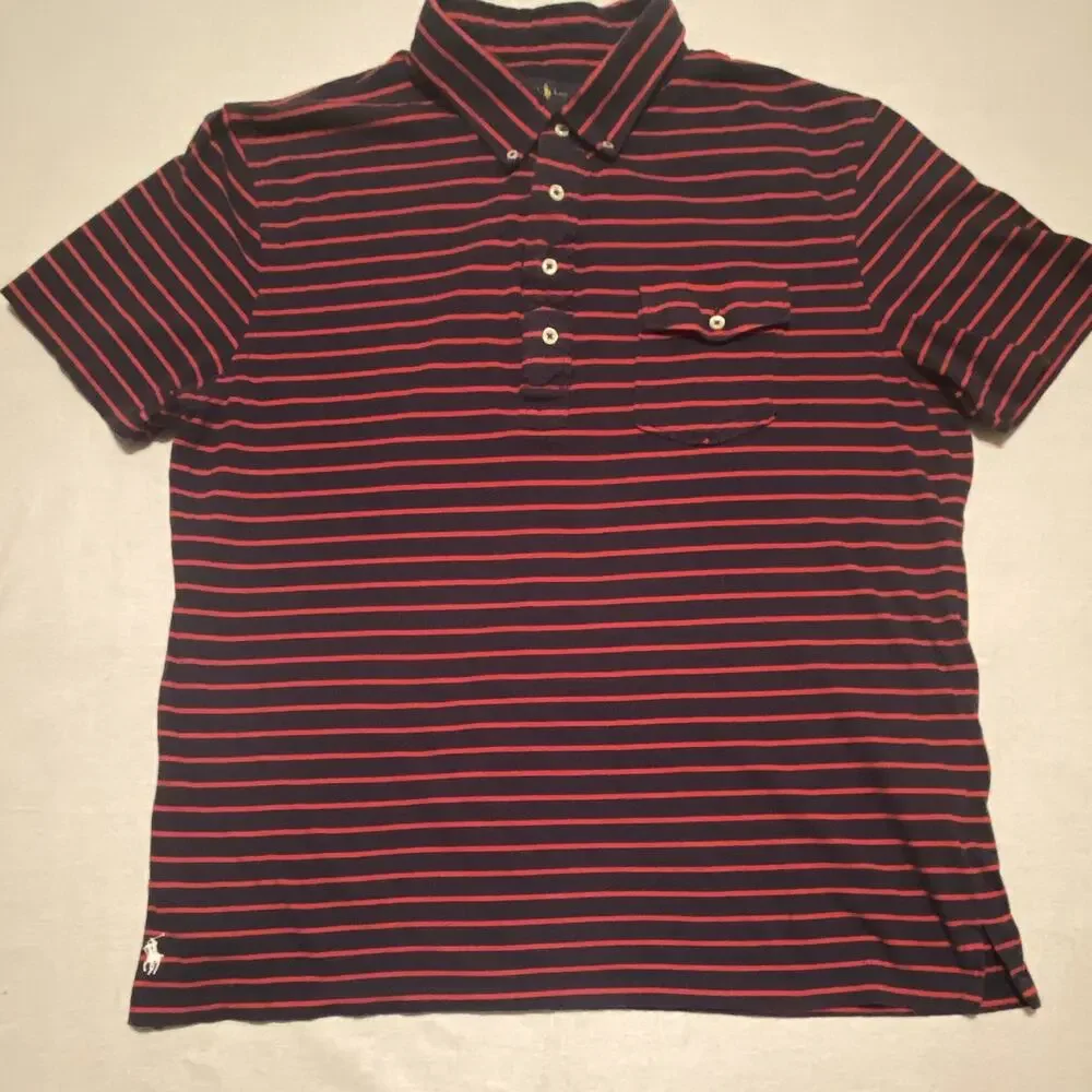 Polo by Ralph Lauren Navy/Red Striped Cotton Knit Custom Fit Polo Shirt Men’s XL
